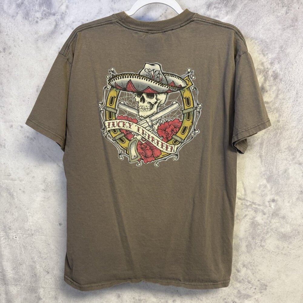 Vintage Lucky 13 T Shirt Mens Large Y2K Brown Short Sleeve Graphic Print